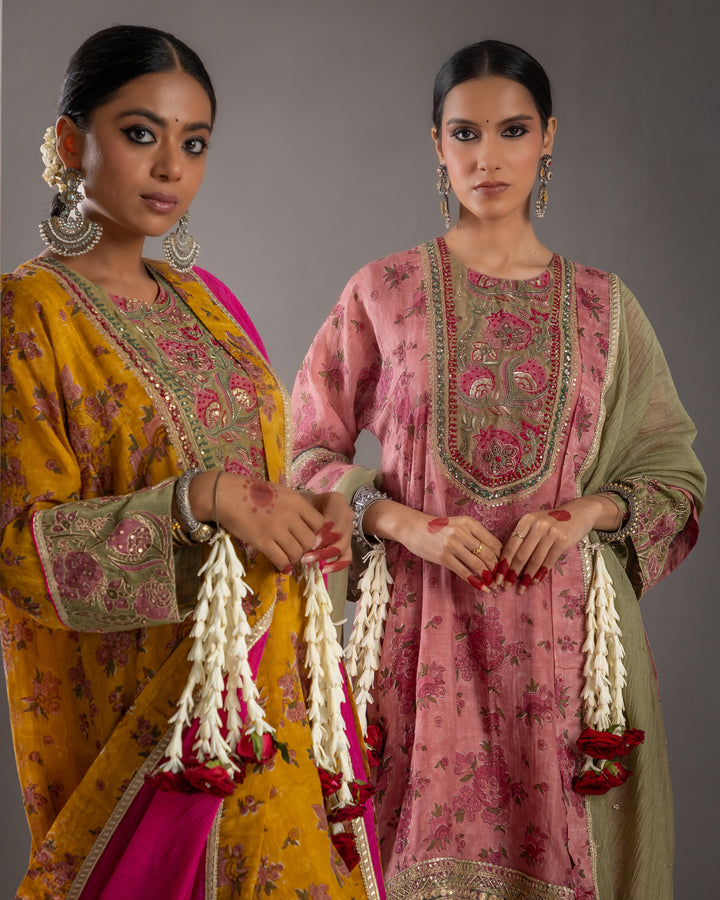 block printed blush pink chanderi mull short kurta with modal silk salwar and chanderi mull dupatta