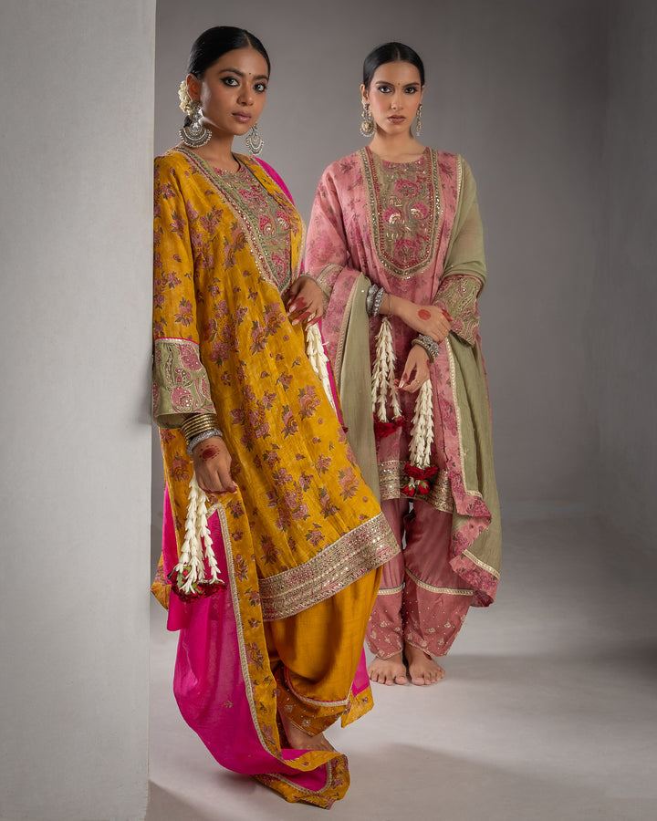 block printed blush pink chanderi mull short kurta with modal silk salwar and chanderi mull dupatta