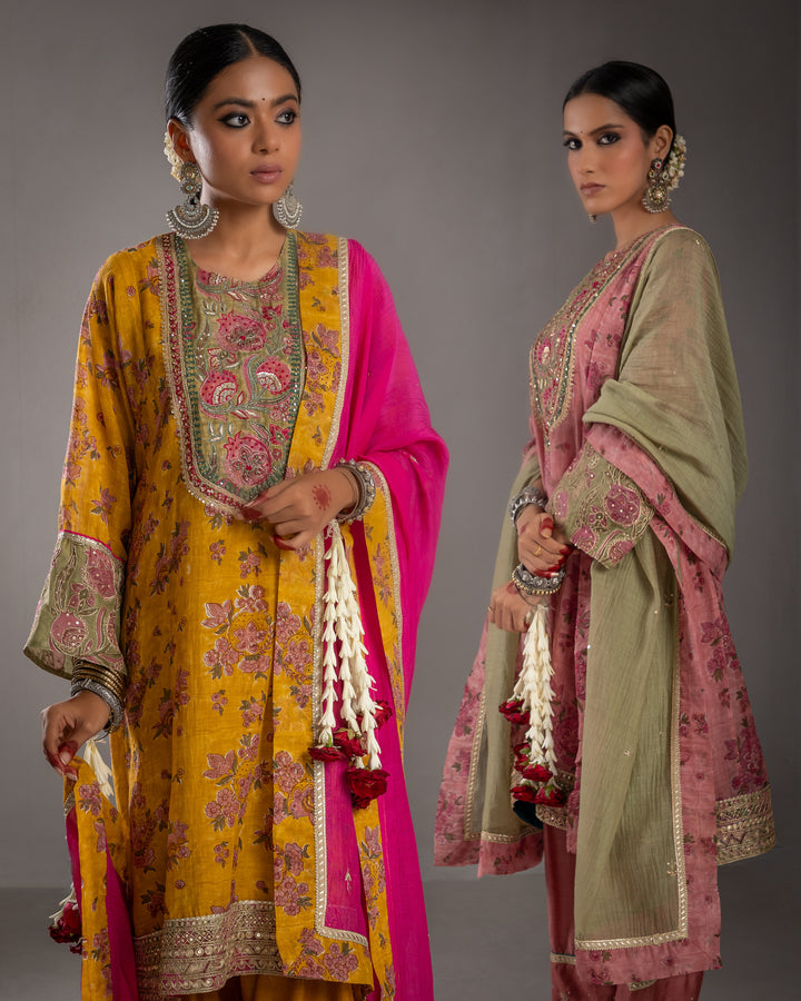 block printed mustard chanderi mull embroidered short kurta with modal silk salwar and chanderi mull dupatta