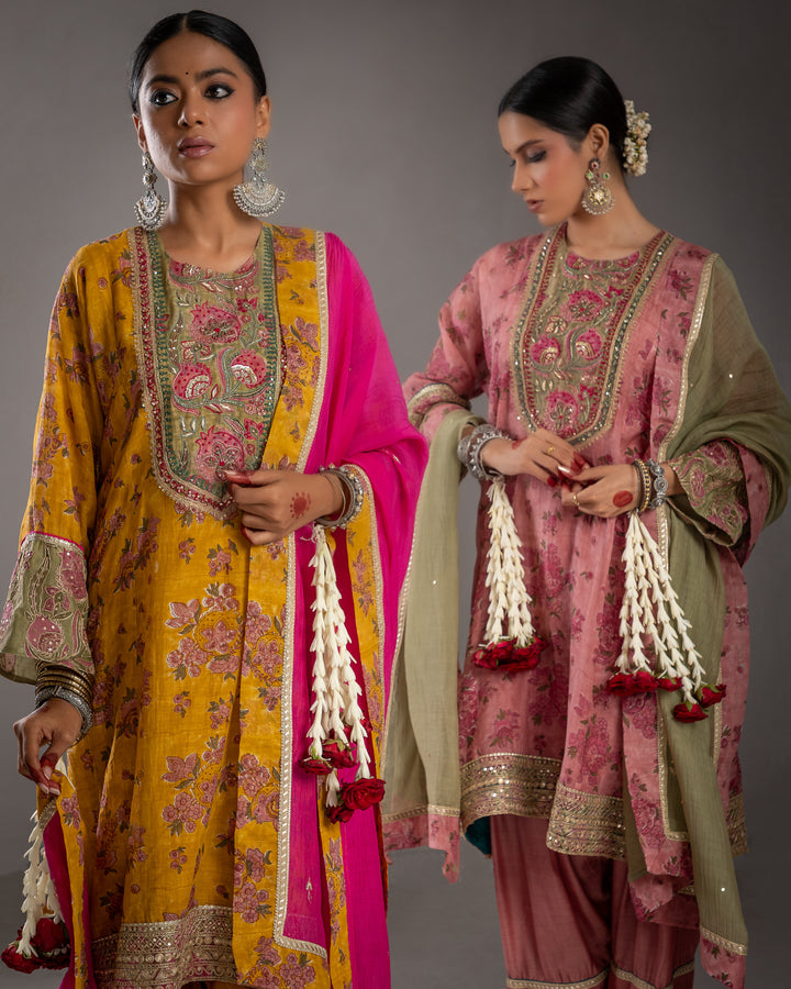 block printed mustard chanderi mull embroidered short kurta with modal silk salwar and chanderi mull dupatta