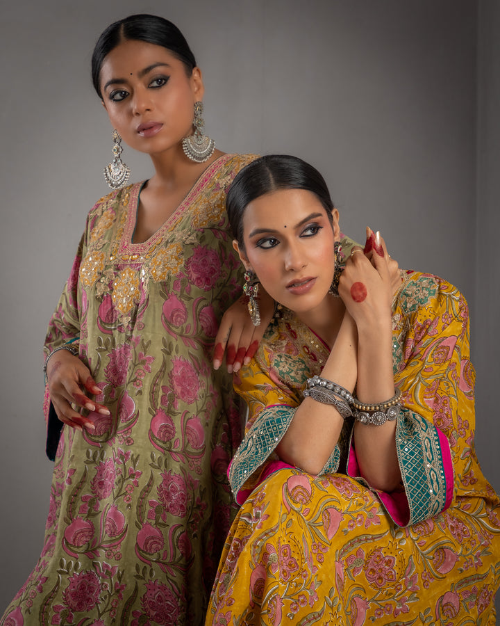 block printed olive green modal silk embroidered kaftan with cotton silk bottom