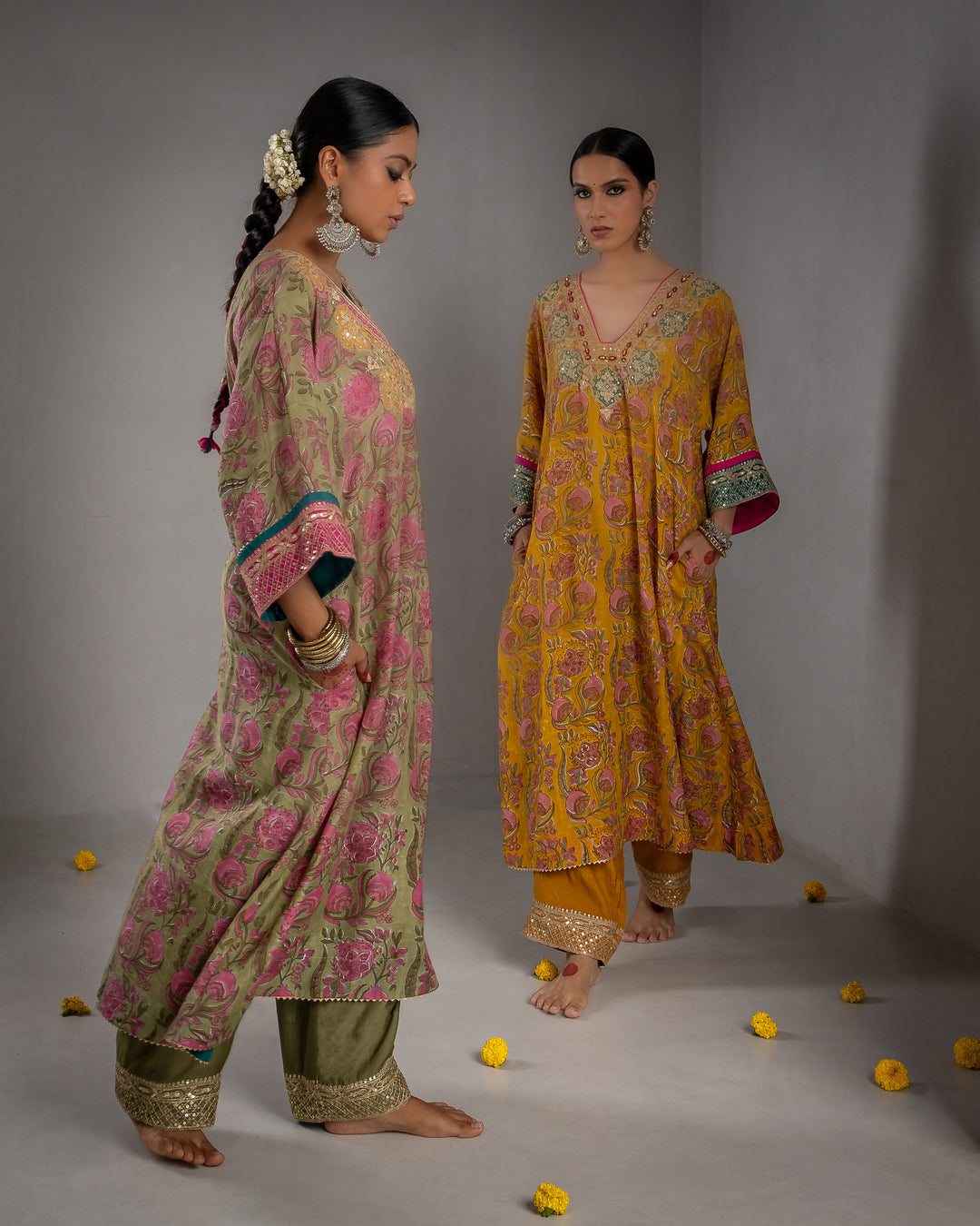 block printed mustard modal silk embroidered kaftan  with cotton silk bottom