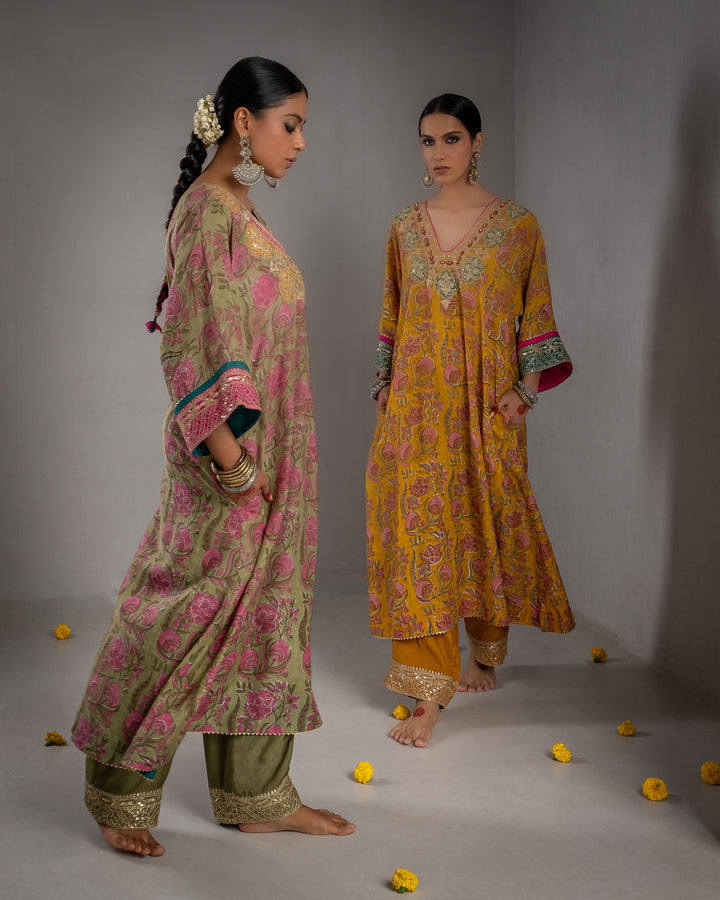 block printed mustard modal silk embroidered kaftan  with cotton silk bottom