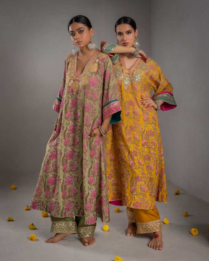 block printed olive green modal silk embroidered kaftan with cotton silk bottom