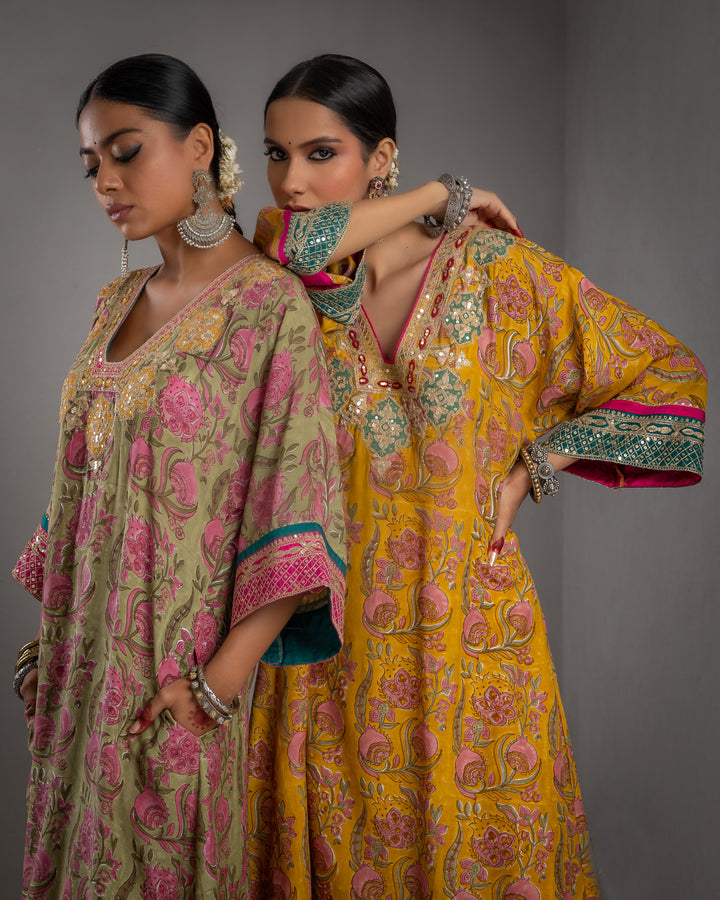 block printed mustard modal silk embroidered kaftan  with cotton silk bottom