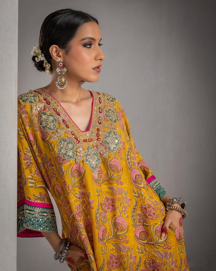 block printed mustard modal silk embroidered kaftan  with cotton silk bottom