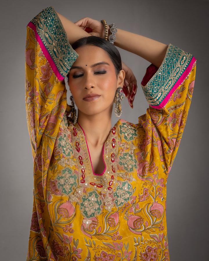 block printed mustard modal silk embroidered kaftan  with cotton silk bottom