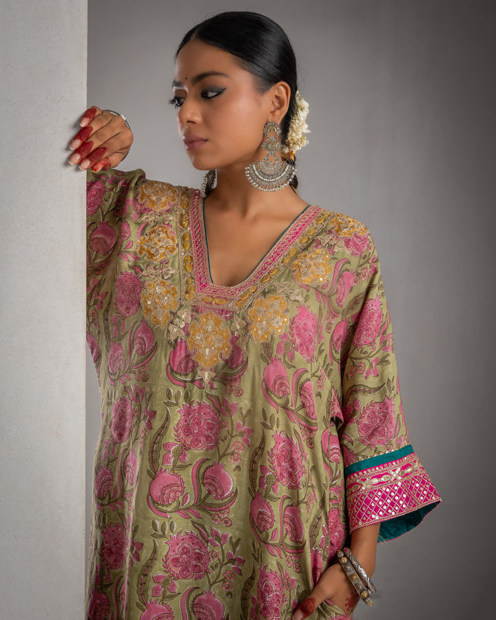 block printed olive green modal silk embroidered kaftan