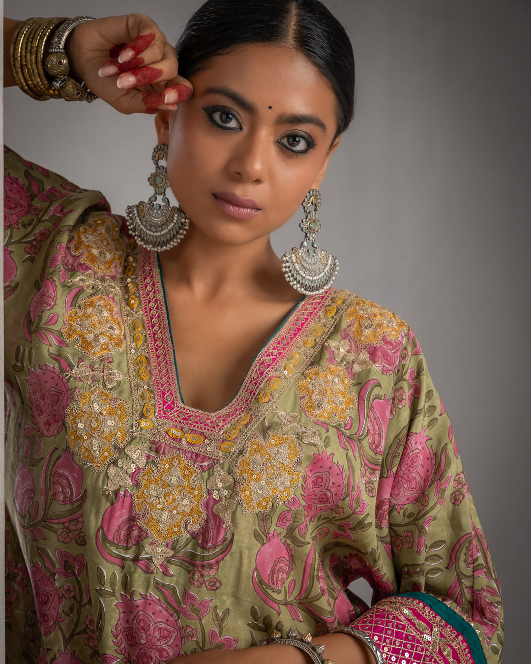block printed olive green modal silk embroidered kaftan