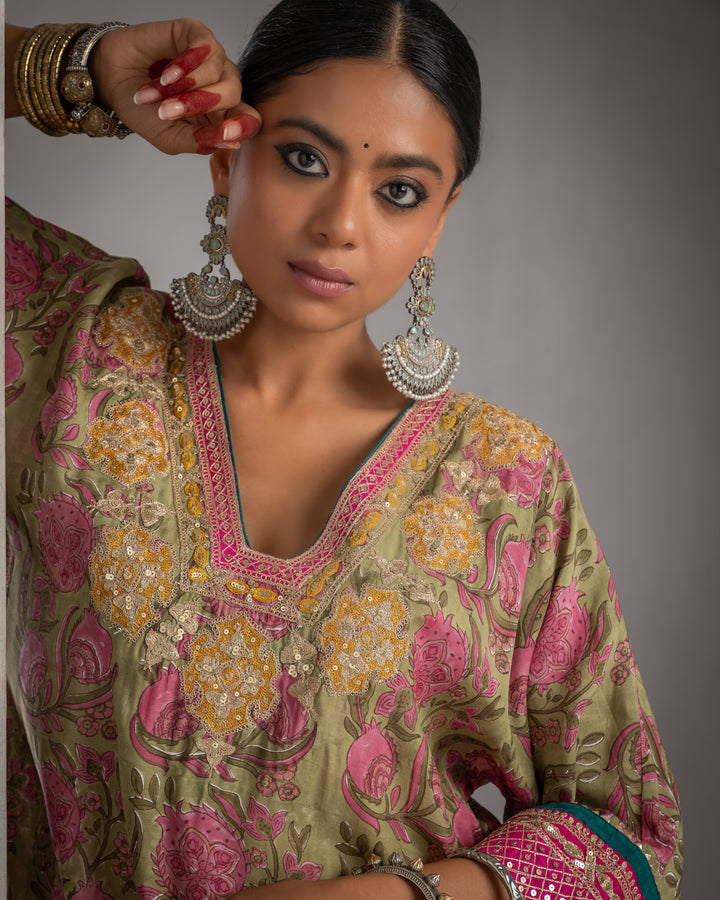 block printed olive green modal silk embroidered kaftan