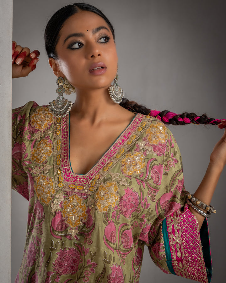 block printed olive green modal silk embroidered kaftan
