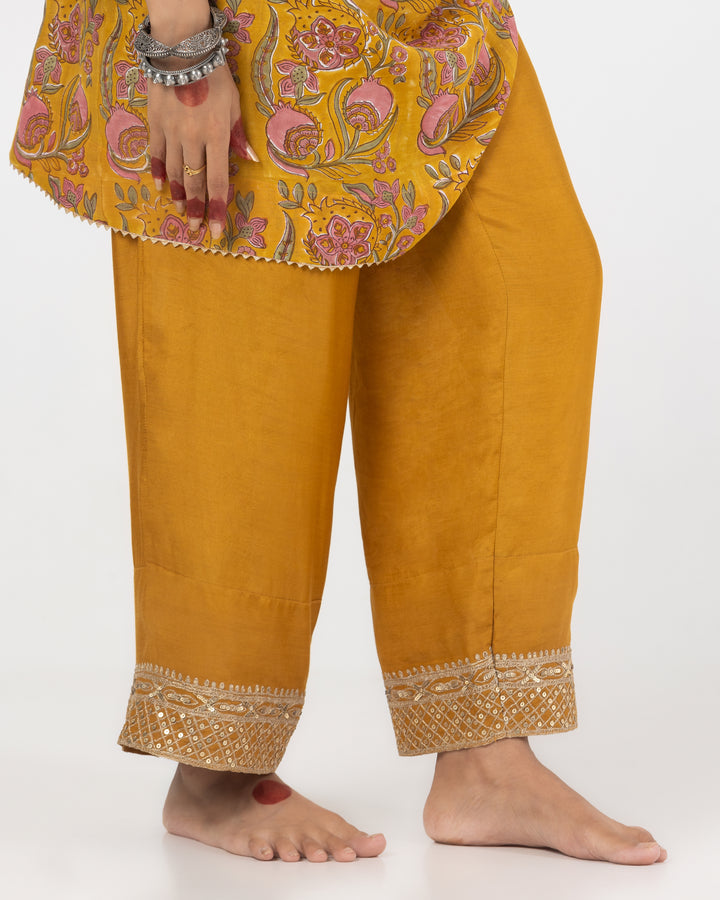 block printed mustard modal silk embroidered kaftan  with cotton silk bottom