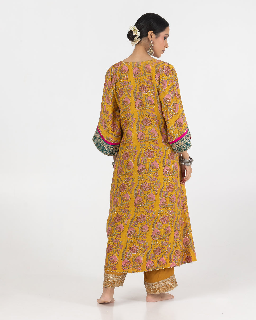 block printed mustard modal silk embroidered kaftan  with cotton silk bottom