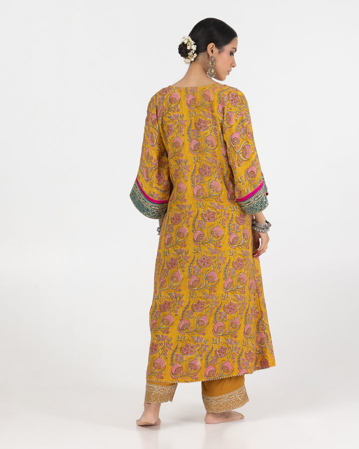 block printed mustard modal silk embroidered kaftan  with cotton silk bottom