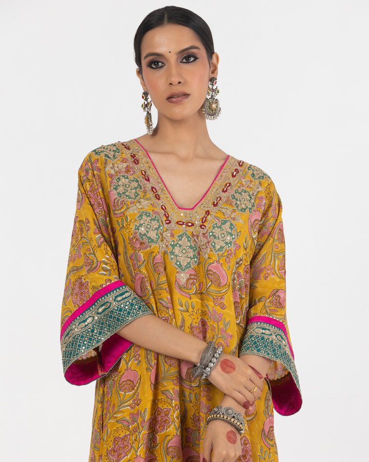 block printed mustard modal silk embroidered kaftan  with cotton silk bottom