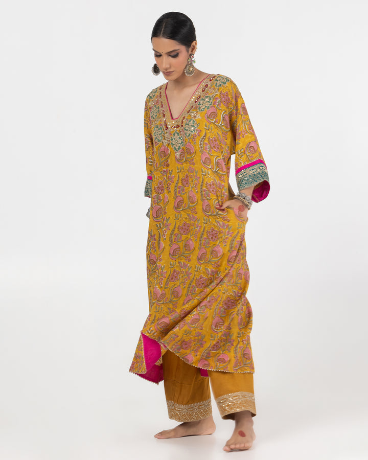 block printed mustard modal silk embroidered kaftan  with cotton silk bottom
