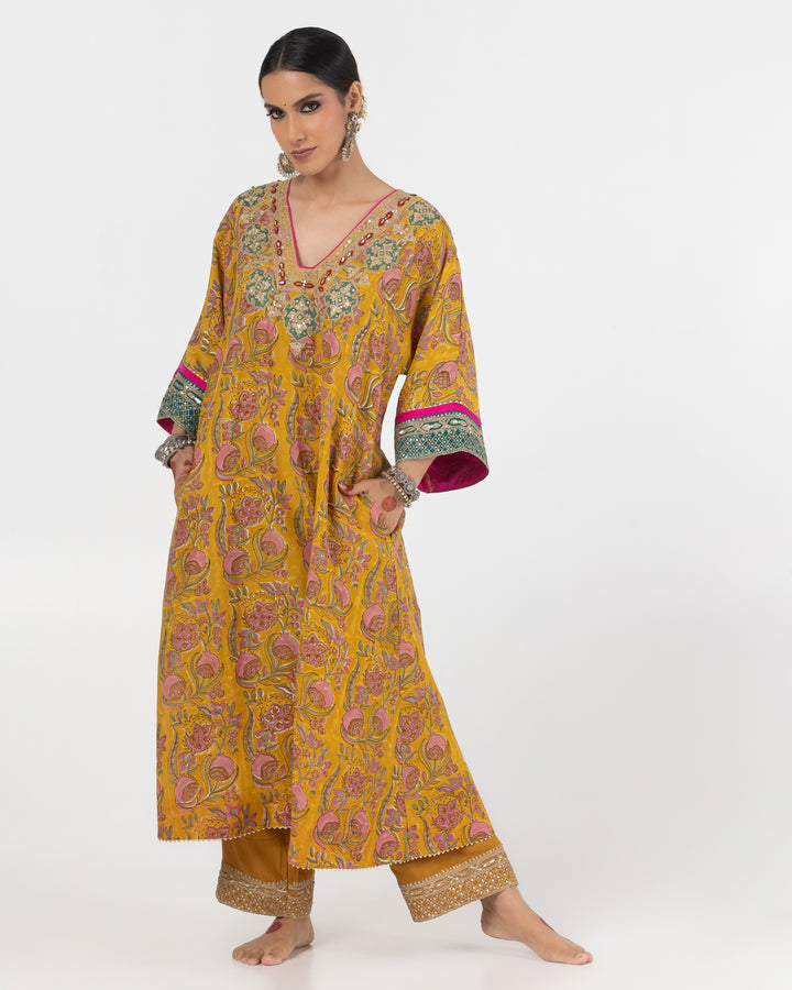 block printed mustard modal silk embroidered kaftan  with cotton silk bottom