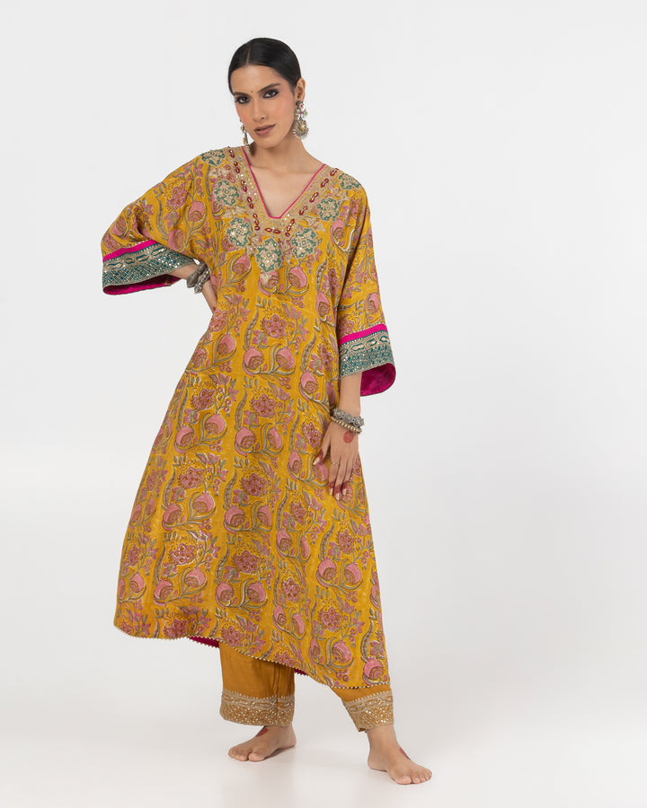 block printed mustard modal silk embroidered kaftan  with cotton silk bottom