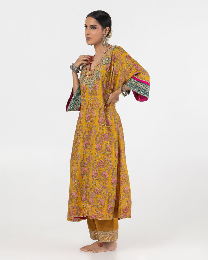 block printed mustard modal silk embroidered kaftan  with cotton silk bottom