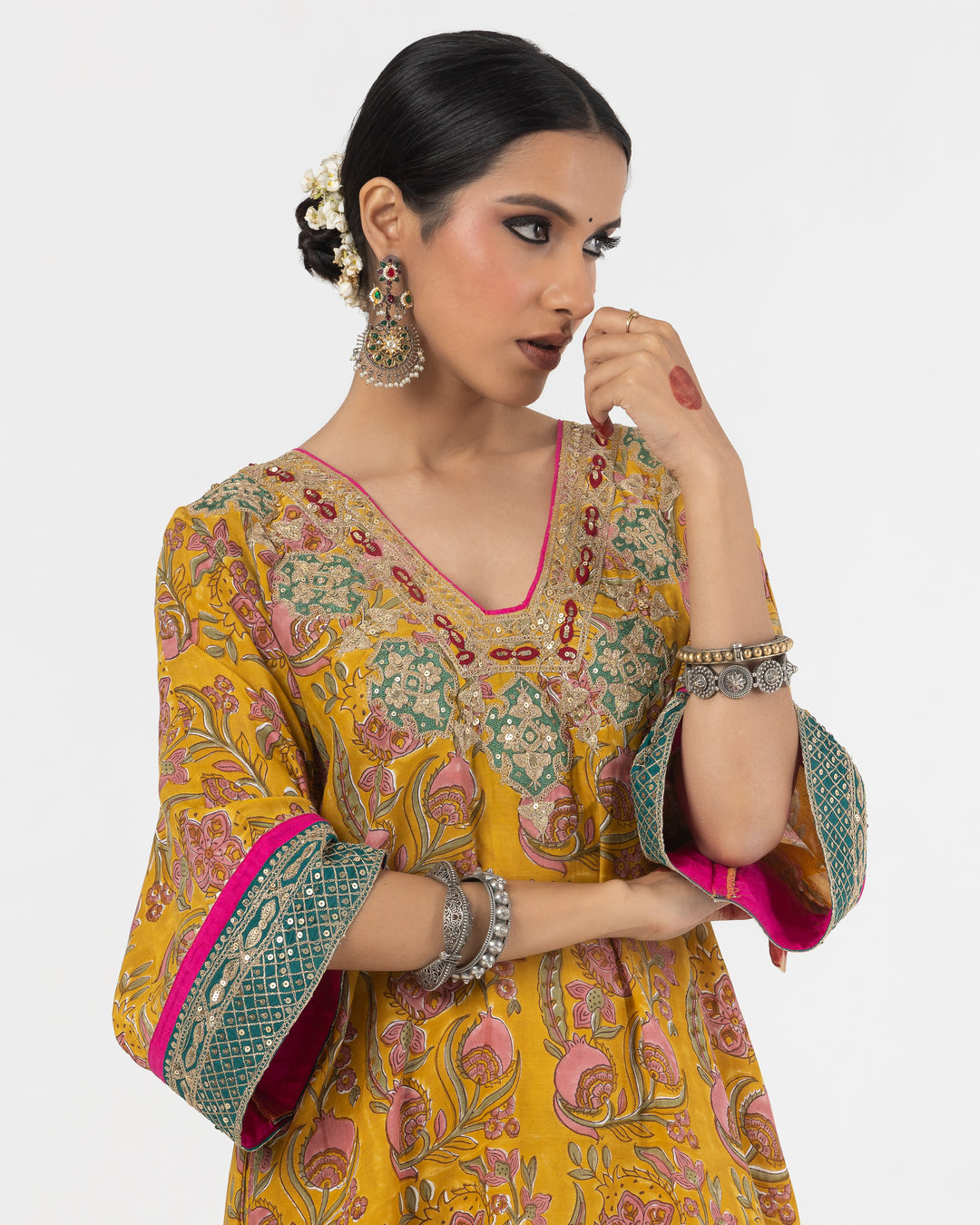 block printed mustard modal silk embroidered kaftan  with cotton silk bottom