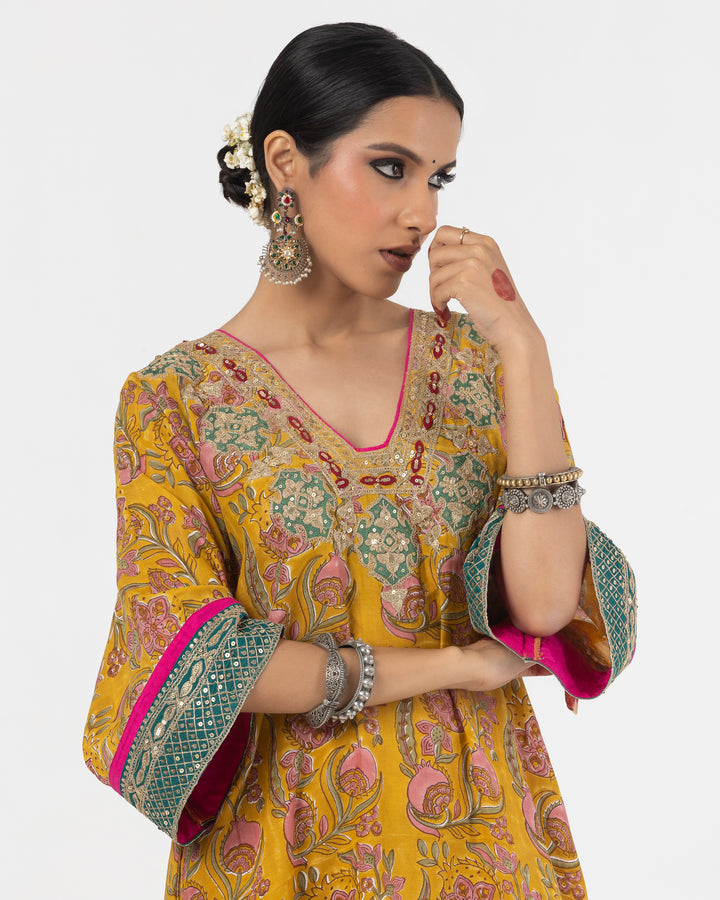 block printed mustard modal silk embroidered kaftan  with cotton silk bottom