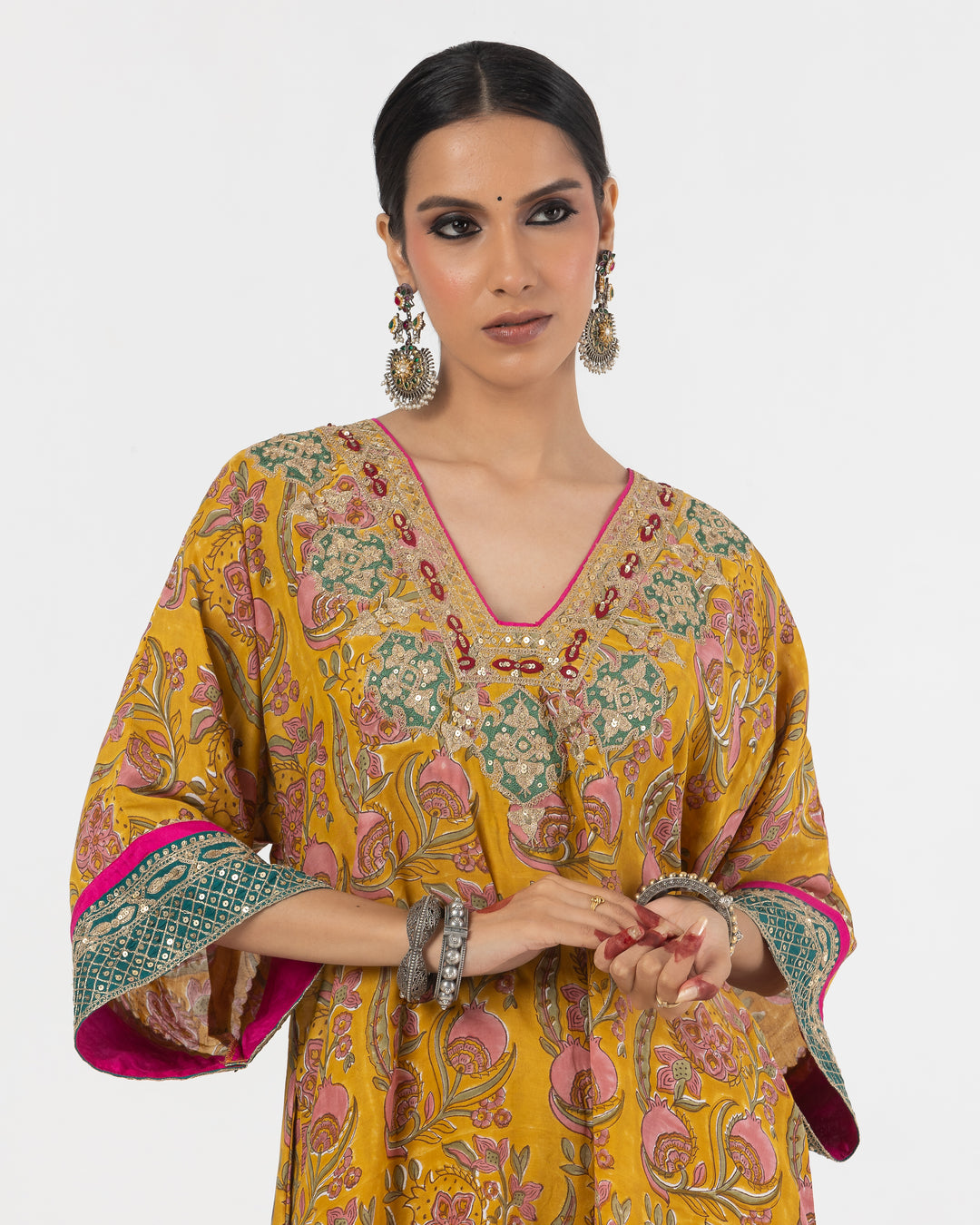 block printed mustard modal silk embroidered kaftan  with cotton silk bottom