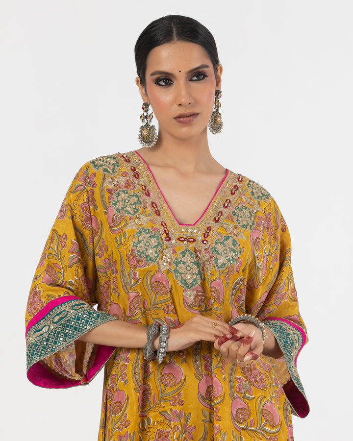 block printed mustard modal silk embroidered kaftan  with cotton silk bottom