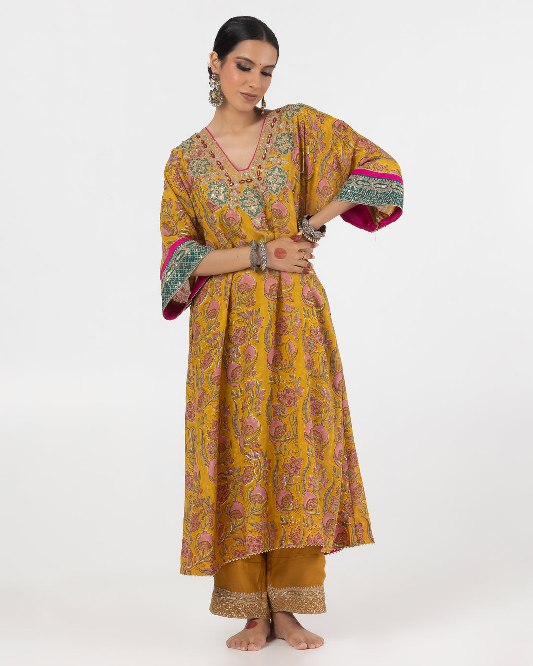 block printed mustard modal silk embroidered kaftan  with cotton silk bottom