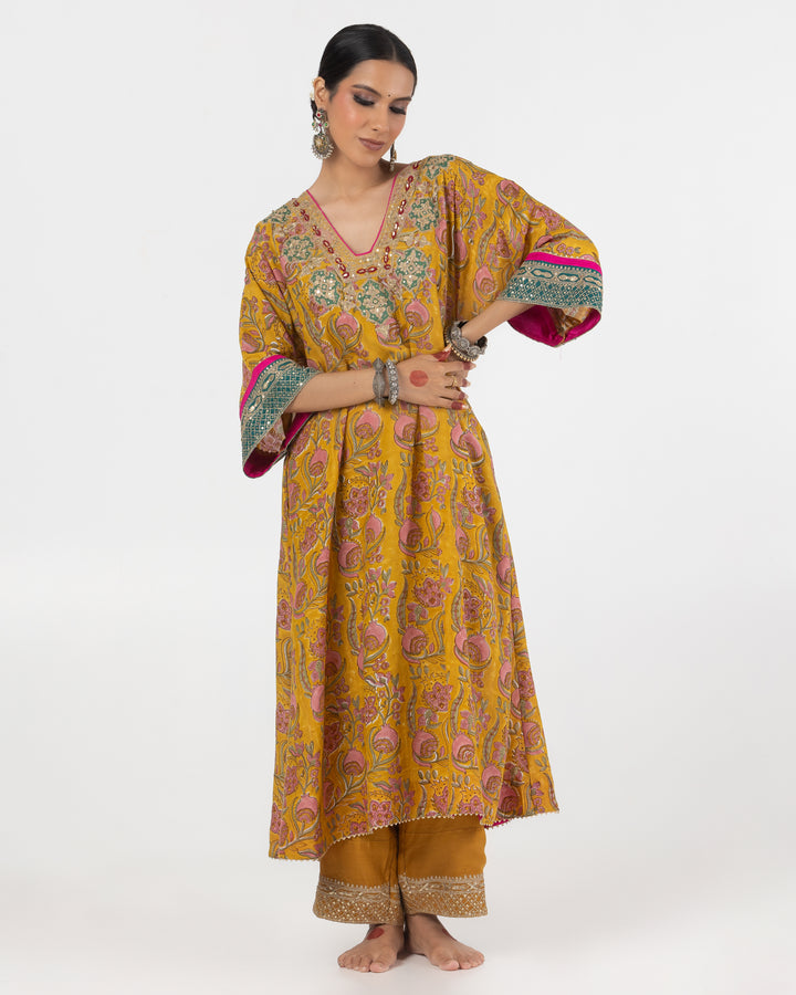 block printed mustard modal silk embroidered kaftan  with cotton silk bottom