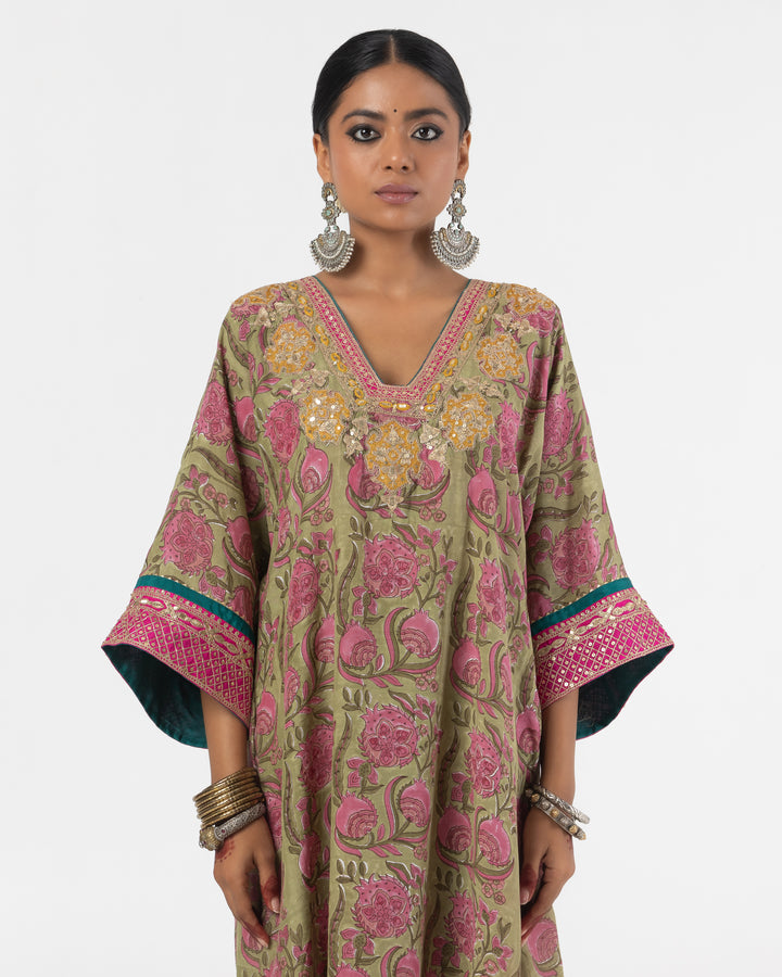 block printed olive green modal silk embroidered kaftan