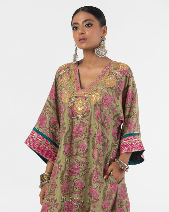 block printed olive green modal silk embroidered kaftan with cotton silk bottom