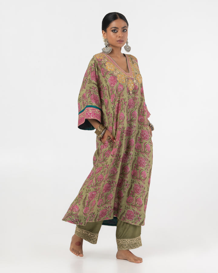 block printed olive green modal silk embroidered kaftan