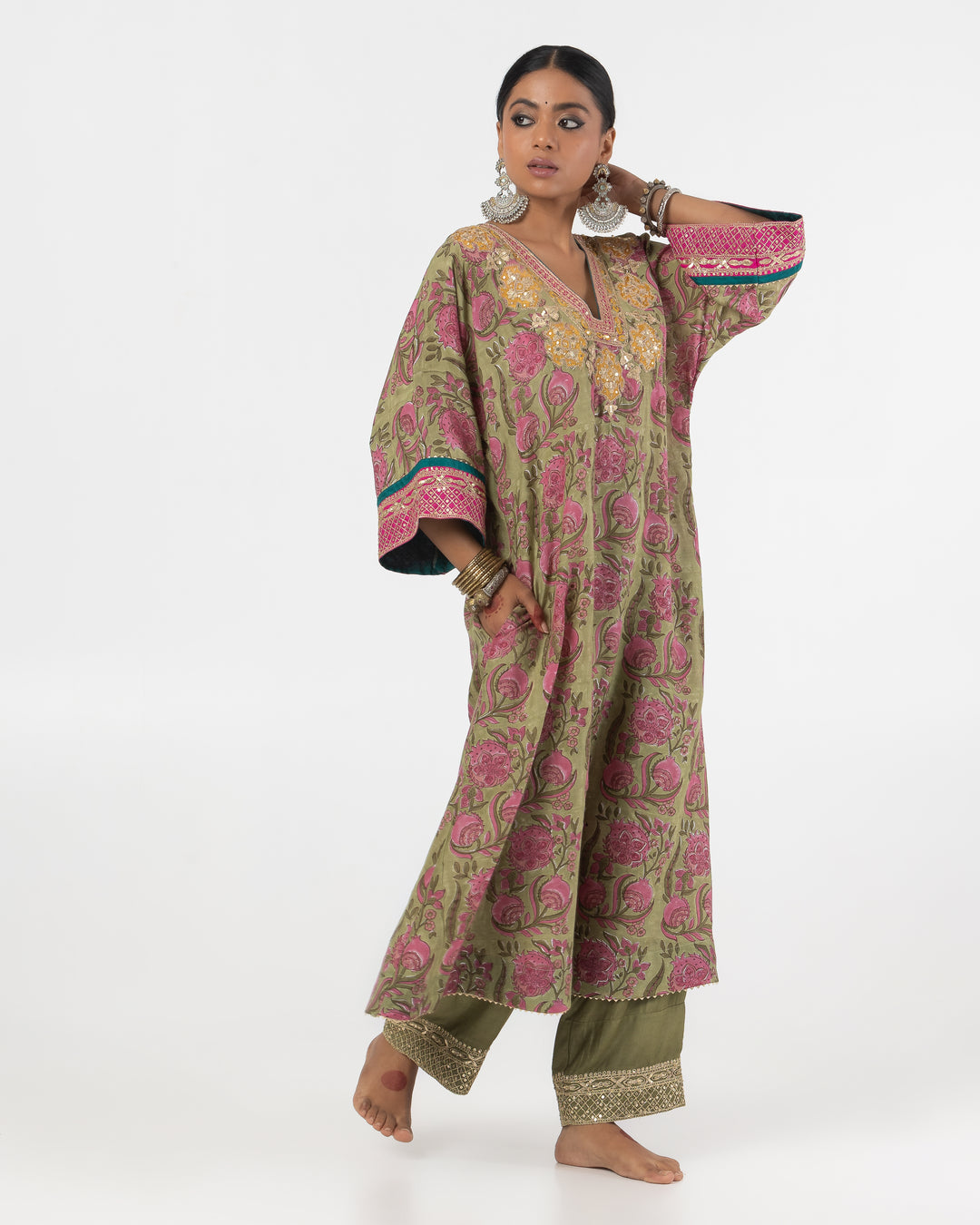 block printed olive green modal silk embroidered kaftan