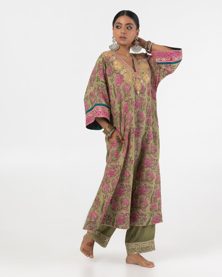 block printed olive green modal silk embroidered kaftan
