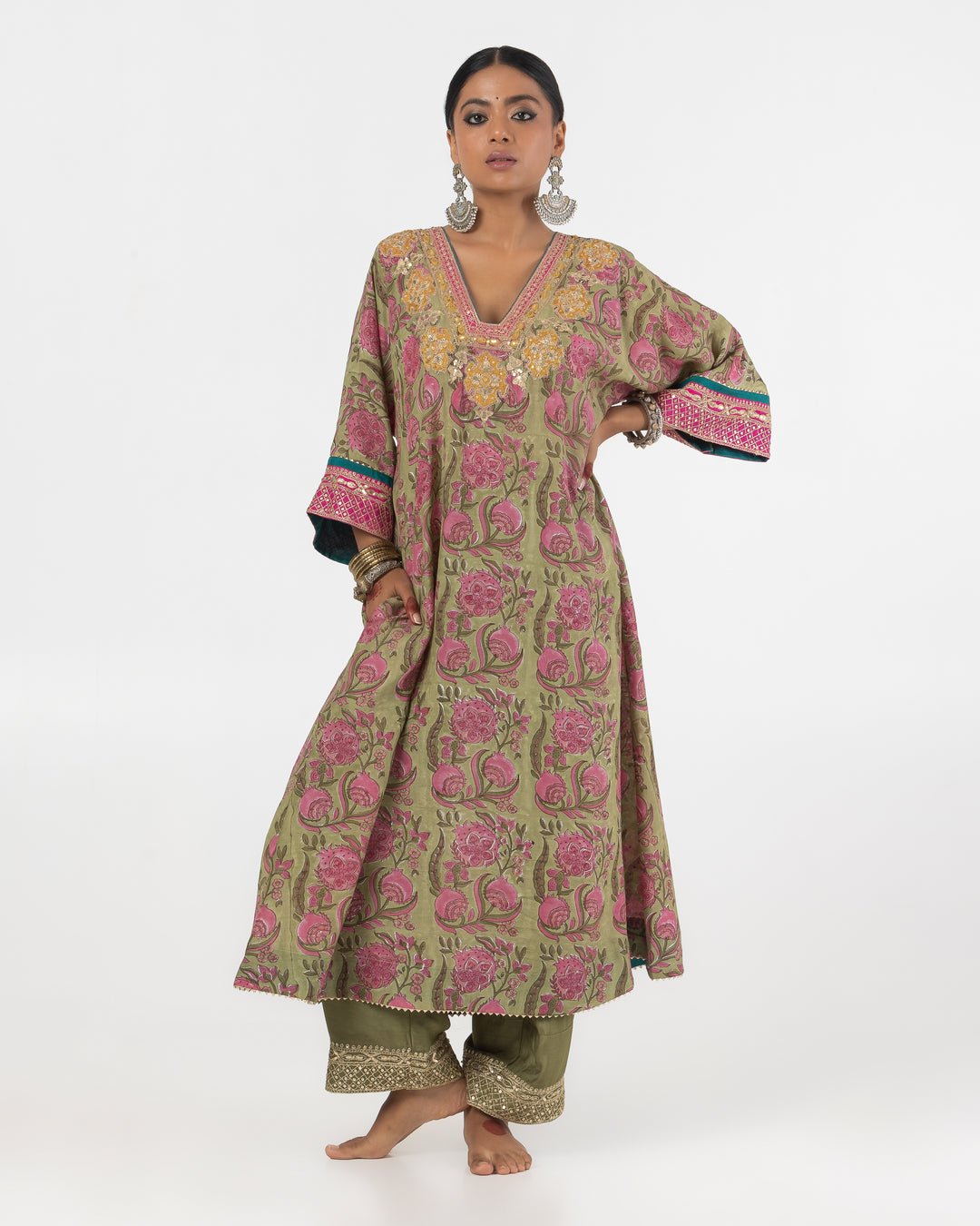 block printed olive green modal silk embroidered kaftan