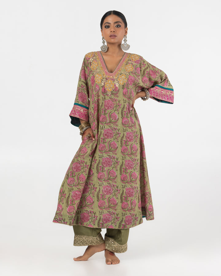 block printed olive green modal silk embroidered kaftan