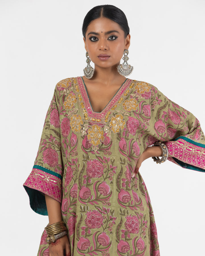 block printed olive green modal silk embroidered kaftan