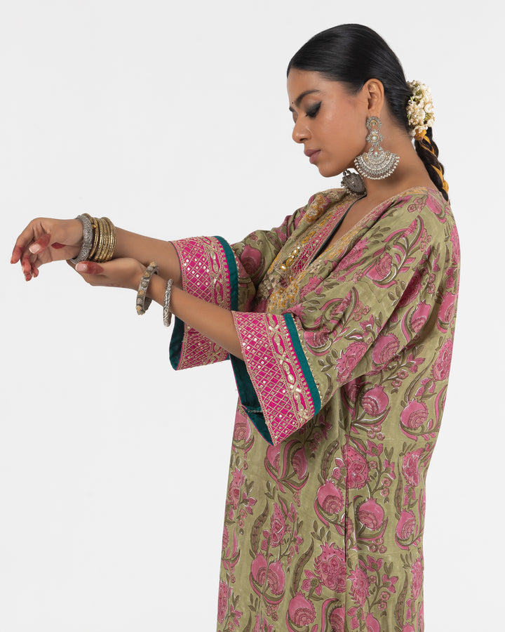 block printed olive green modal silk embroidered kaftan