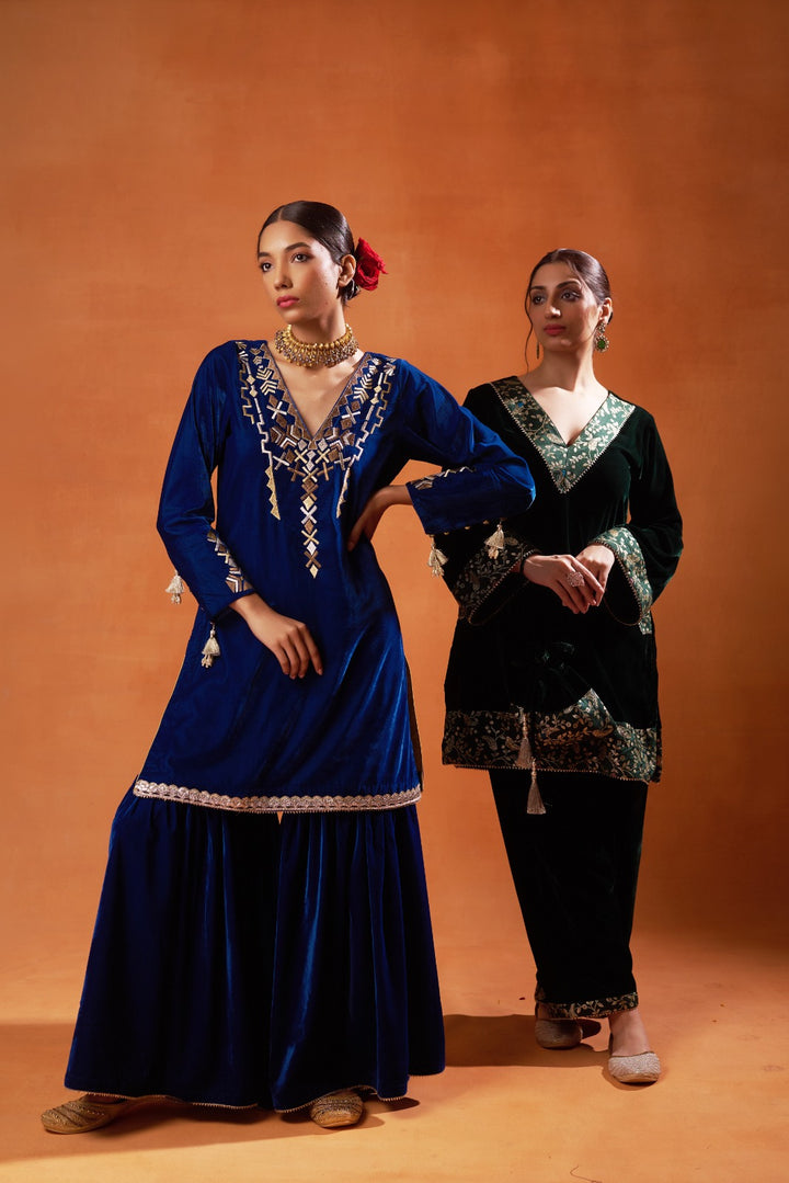 royal blue velvet embroidered sharara set