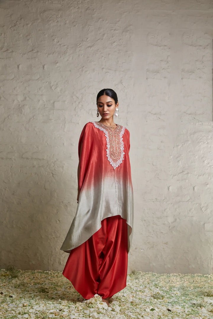 Silk Ombre Kaftaan With Cotton Satan Asyemmetric Pant