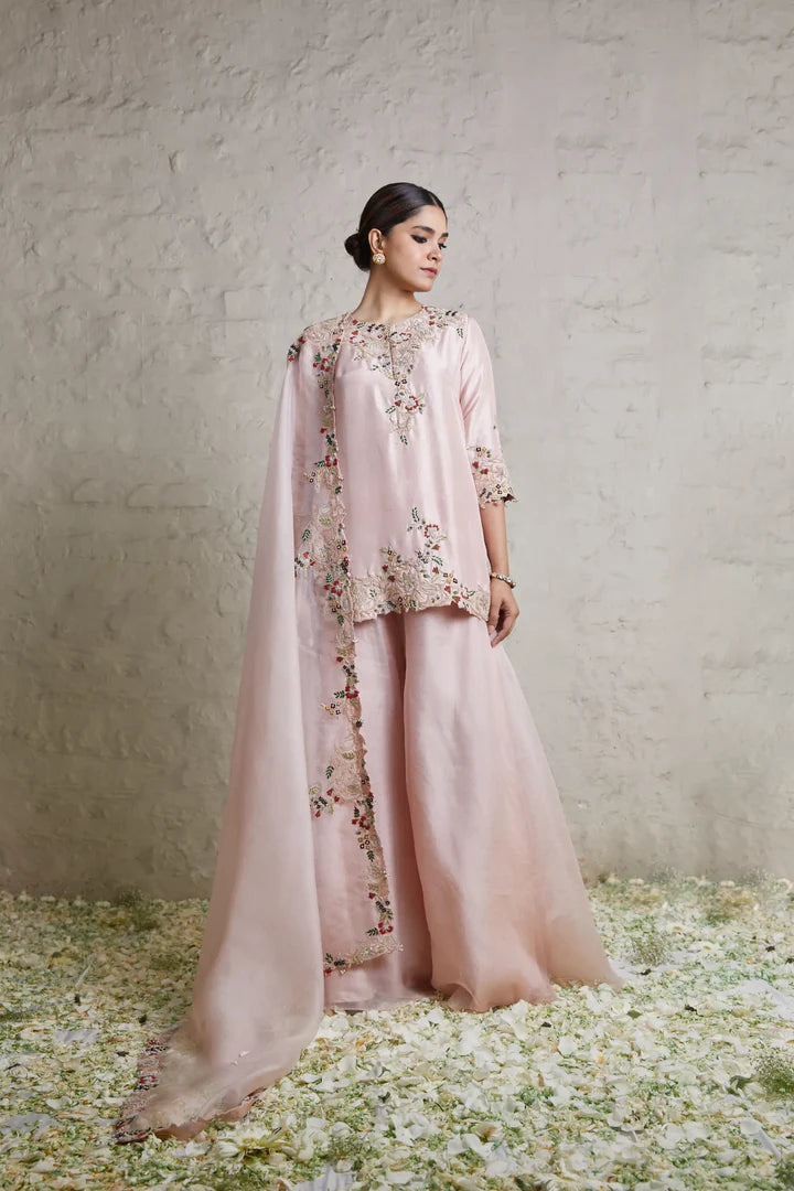 Silk Kurta With Organza Sharara And Organza Dupatta