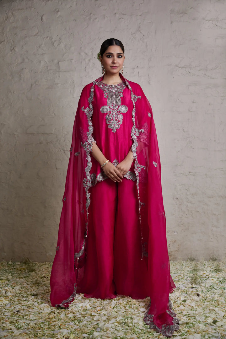 Silk Kurta With Organza Sharara And Organza Dupatta