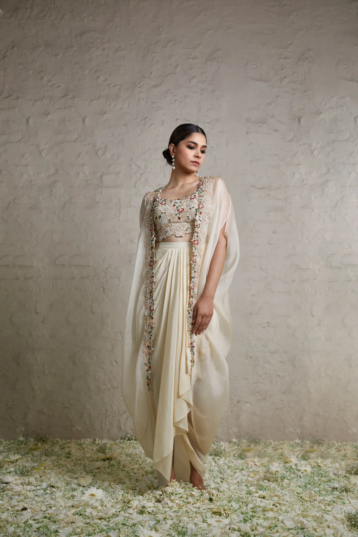 Silk Blouse With Crepe Dhoti And Organza Cape