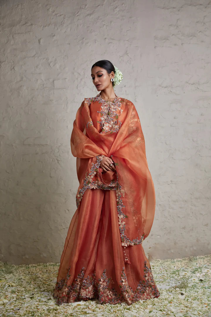 Silk Kurta With Organza Sharara And Organza Dupatta