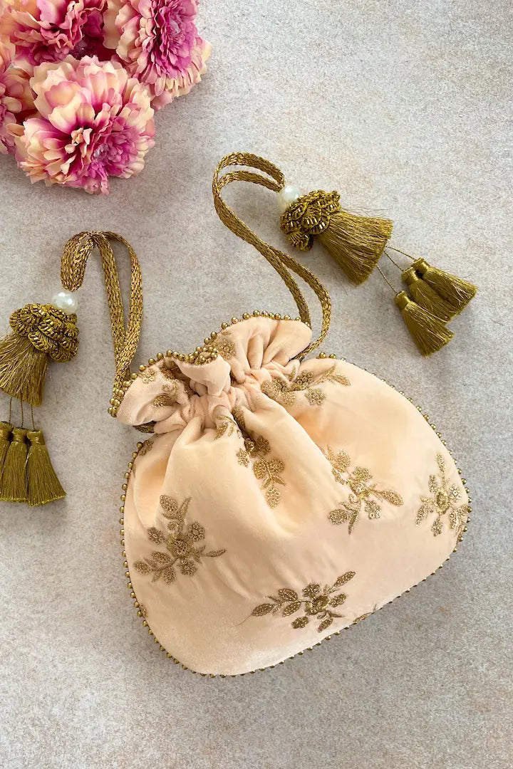 Peach Velvet Embroidered Potli Bag