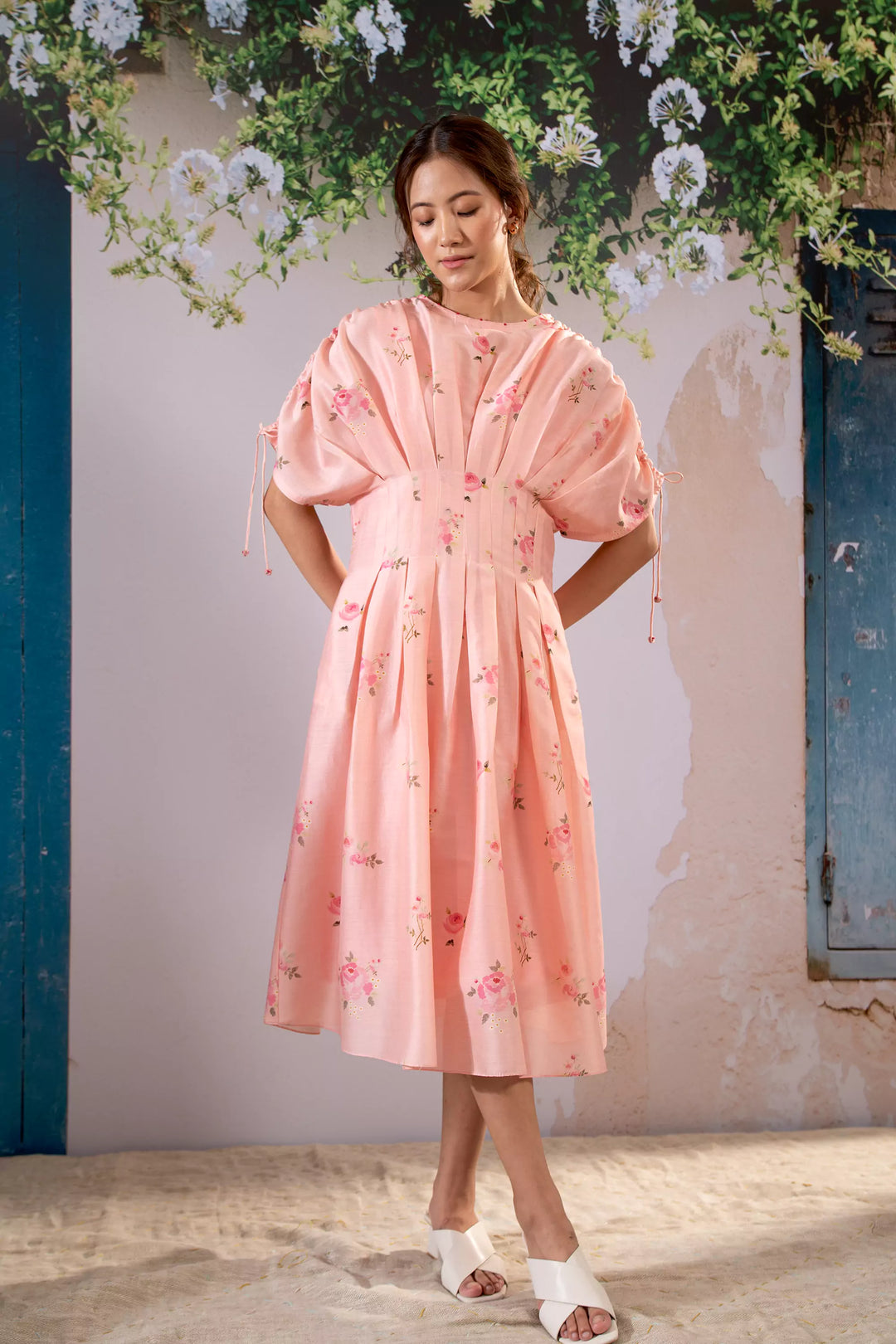 Rosette Print Box Pleated Dress In Chanderi