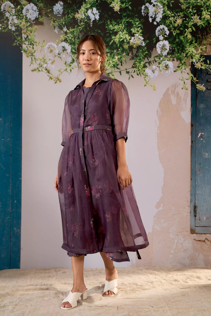 Rosette Print Dress And Gathered Jacket Set In Organza And Linen