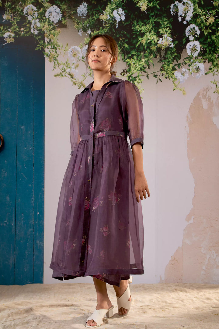 Rosette Print Dress And Gathered Jacket Set In Organza And Linen