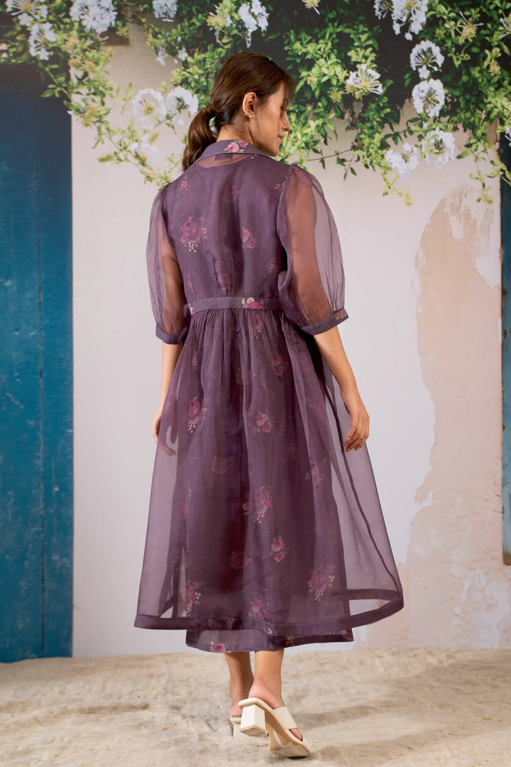 Rosette Print Dress And Gathered Jacket Set In Organza And Linen