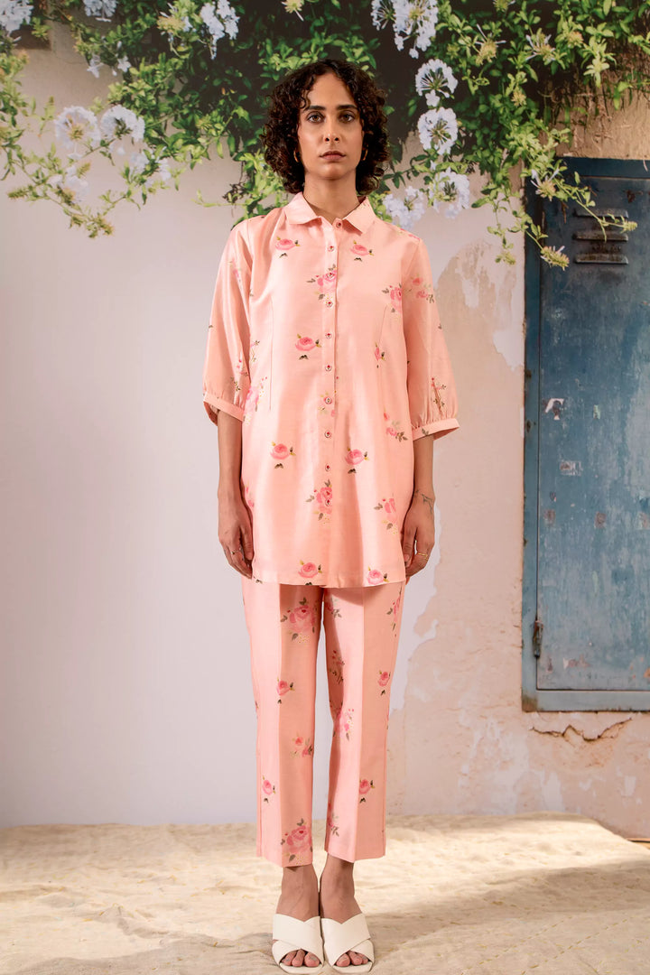 Rosette Print Shirt And Pant Set In Chanderi